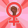 Feminine sign with arm inside. African or afro american woman hand raised into air. Pride fist of dark skinned feminist. Girl Royalty Free Stock Photo